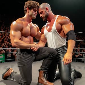 Muscular Wrestlers Showing Affection in Wrestling Ring