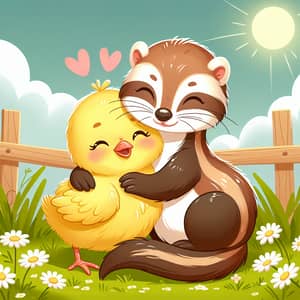 Adorable Chick and Ferret Hugging - Heartwarming Farm Scene