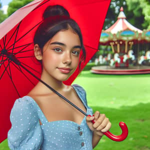 Young Hispanic Girl with Red Umbrella in Lush Park