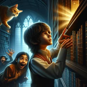Curiosity Unveiled: Enchanting Library Scene with Children and Cat