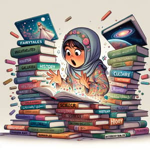 Curious Middle-Eastern Girl Diving into Vibrant Books