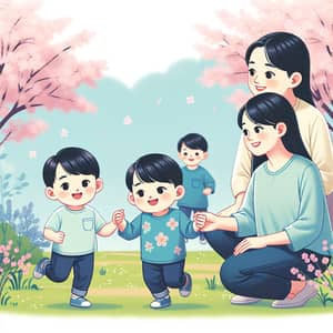 Asian Twin Boys Playing with Mother in Cherry Blossom Park | Happy Family Time