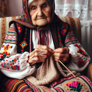 Traditional Bulgarian Woman Knitting in Eastern Europe