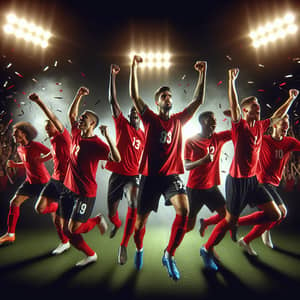 Energetic Red-Jersey Football Players Celebrating Goal