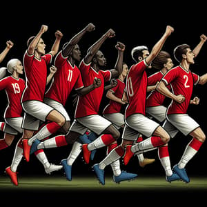 Diverse Football Players Celebrating Goal in Red Jerseys