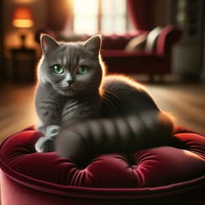 Gray Domestic Short-haired Cat on Red Velvet Cushion