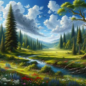 Tranquil Nature Scene: Majestic Trees, Meadow, Brook & Birds