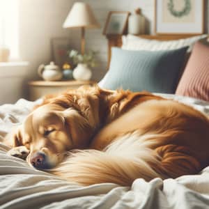 Peaceful Golden Retriever Dog Sleeping on Bed in Cozy Room