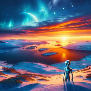 Enchanting Sunset Landscape with Extraterrestrial Beings
