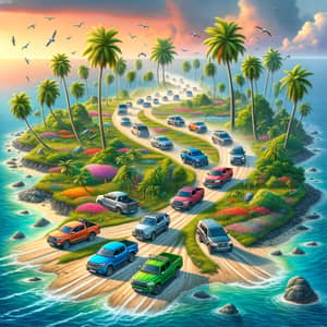 Vibrant Pickup Trucks & SUVs Cross Island | Tropical Adventure