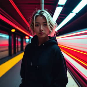 Young Asian Woman Model in Dark Subway Station | Serious Pose