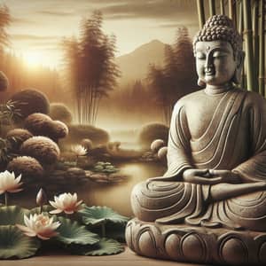Ancient Stone Buddha Statue in Tranquil Zen Garden