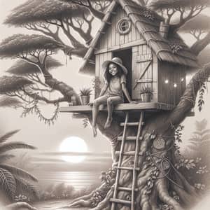 Young Girl in Handcrafted Tree House Pencil Sketch