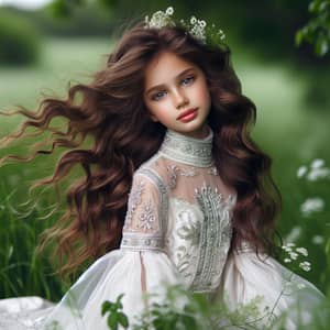 Charming Young Girl in Embroidered White Dress | Green Meadow