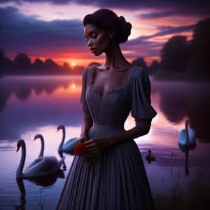 Tranquil Dusk Scene by the Lake with Elegant Black Woman and Swans