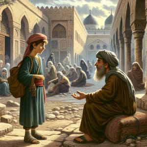 Young Middle-Eastern Boy in Ancient City Engaging with Ill Man