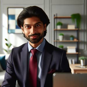 Confident South Asian Man in Navy Blue Suit | Home Office Portrait