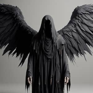 Hyper-Realistic Tall Figure in Tattered Black Cloak with Black Wings - 8K Resolution