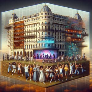 Grand Hotel with Diverse Friends Enjoying a Party | Futuristic Metaverse Art