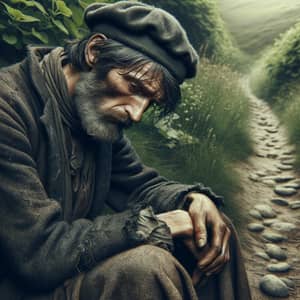 Melancholic Man by the Path - Vintage Scene Depicting Sadness