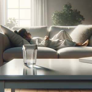 Calming 4K Digital Art of Relaxing Scene with Sofa and Glass of Water