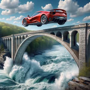 Red High-Performance Car Leaping Off Stone Bridge Over River