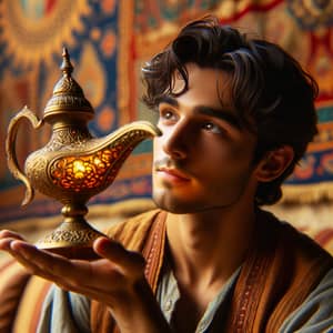 Young Middle Eastern Man Holding Ancient Intricately Designed Oil Lamp