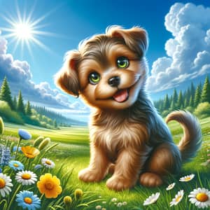 Adorable Brown Dog Sitting in Green Field | Lively Scene with Flowers and Forest