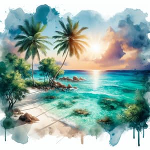 Island Paradise Watercolor | Tranquil Seas & Palm Trees