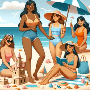 Diverse Women Enjoy Beach Day | Colorful Attire & Fun Activities
