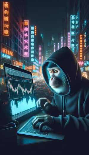Monkey in Black Hoodie with Neon Lights Trading Charts