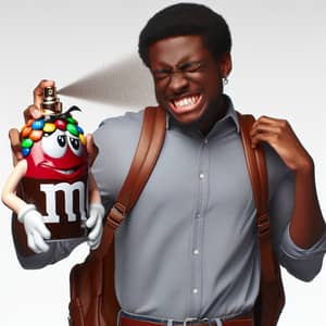 Unique M&M Chocolate Pack Perfume: Excited Black Male Student Spraying Mist