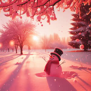 Pink Snow Winter Scene with Snowman