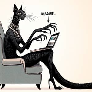 Feline-Human Hybrid Figure in Black Fur on Armchair with Laptop