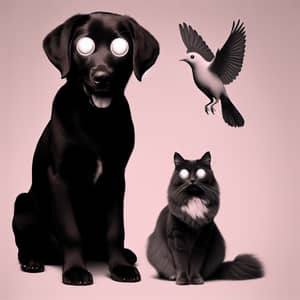 Surreal Black Dog, Cat, and Bird with Large White Eyes