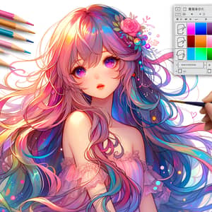 Vibrant Anime Girl with Flowing Hair | Colorful Digital Painting