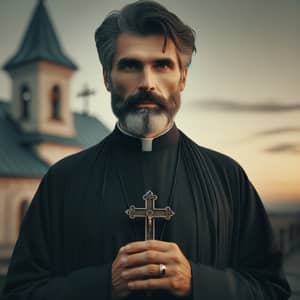 Middle-Aged Orthodox Priest | Black Cassock & Cross Symbol