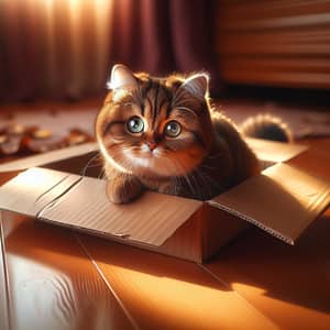 Charming Chocolate-Colored Cat in Playful Cardboard Box
