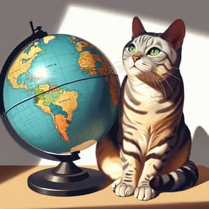 Striped Cat and Globe Illustration