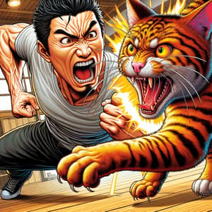 Intense Battle: Angry Cat vs Enraged Man - Digital Illustration