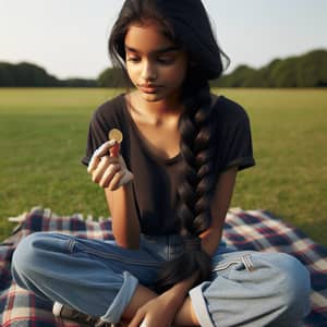 Contemplative South Asian Teenage Girl Studying Gold Coin Outdoors