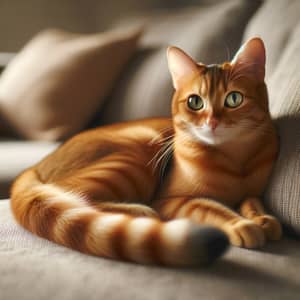 Ginger Domestic Short-Haired Cat Relaxing on Plush Sofa