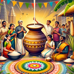 Traditional Pongal Festival Celebration with Colorful Rangoli Patterns