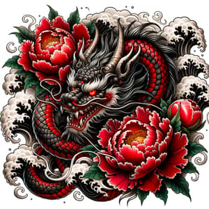 Japanese Dragon Tattoo with Red Peonies