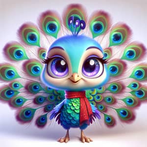 Vibrant Cartoon Peacock: Colorful Feathers, Big Eyes & Red Scarf