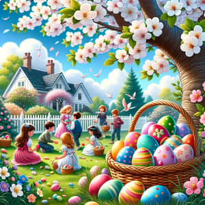 Joyful Easter Egg Hunt: Kids Celebrate Under Cherry Blossoms