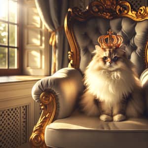 Regal Fluffed Up Domestic Cat on Throne with Crown