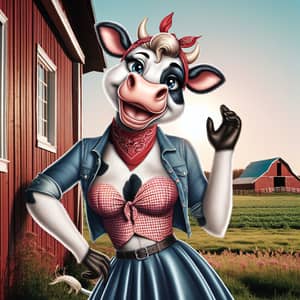 Vintage Pin-Up Cow by Red Barn - 1950s Farm Scene