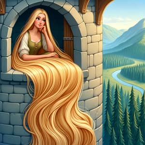 Golden-Haired Woman in Tower | Fairy Tale Scene
