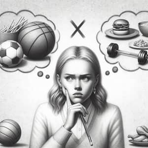 Frustrated Young Woman Pencil Sketch | Sports Restriction Food Question Marks
